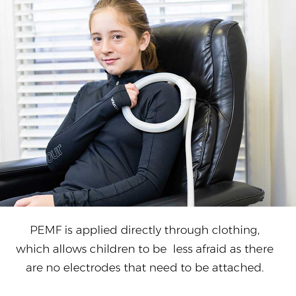 PEMF is applied directly through clothing, which allows children to be less afraid as there are no electrodes that need to be attached.