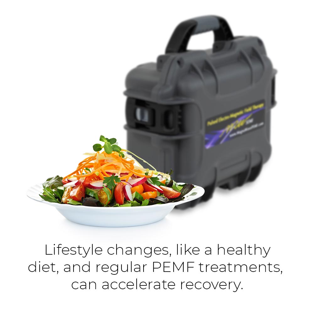 Lifestyle changes, like a healthy diet, and regular PEMF treatments can accelerate recovery.